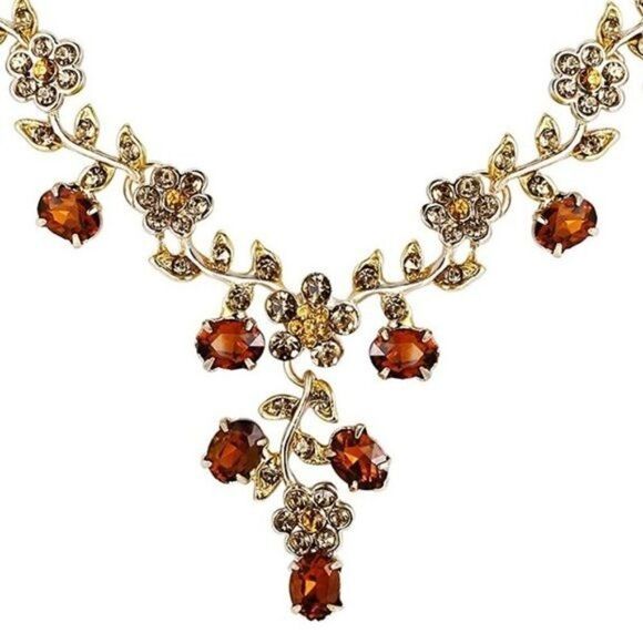 Yellow Gold and Topaz Austrian Crystal Flower Leaf Necklace and Earrings Set - Picture 3 of 6